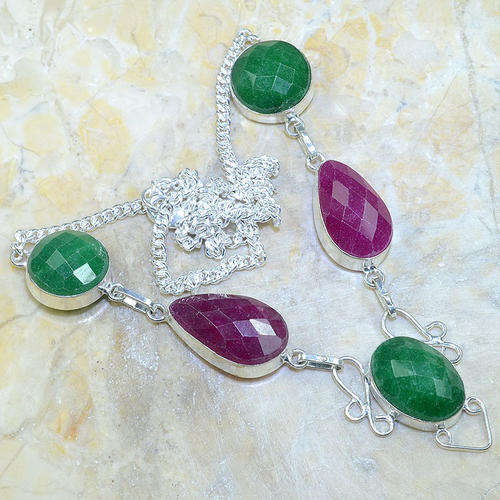 Ruby and Emerald Handcrafted Silver Fashion Necklace