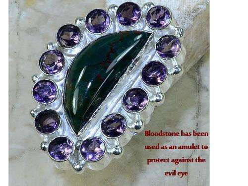 Crazy Huge Bloodstone & Amethyst Handcrafted Silver Fashion Ring 6.75