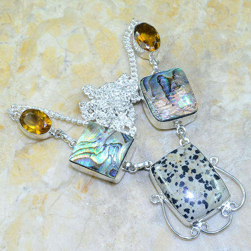 Artsy Dalmatian Jasper, Abalone Shell and Citrine Crystal Handcrafted Silver Fashion Necklace