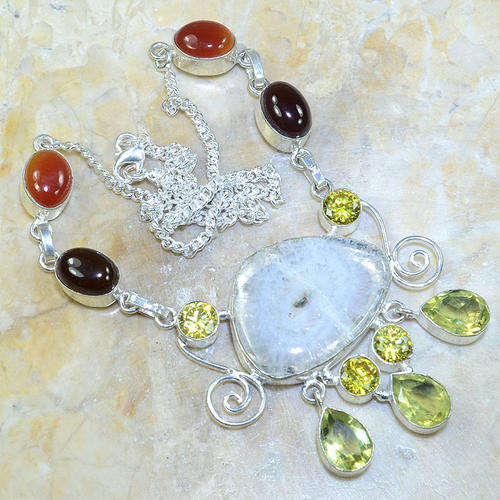 Fancy Solar Quartz Carnelian and  Crystals Handcrafted Silver Fashion Necklace