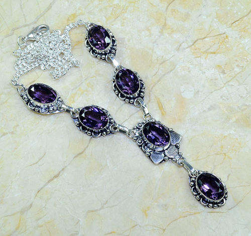 Classic Purple Amethyst Crystal Handcrafted Silver Fashion Necklace