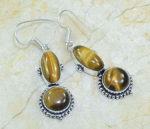 Velvet Tiger Eye Gemstone Handcrafted Silver Dangly Earrings