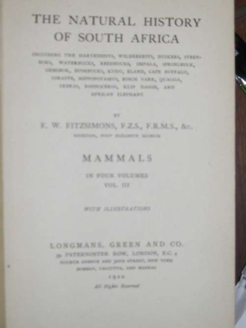 The natural History of South Africa Mammals Vol 111 by F W Fitzsimons