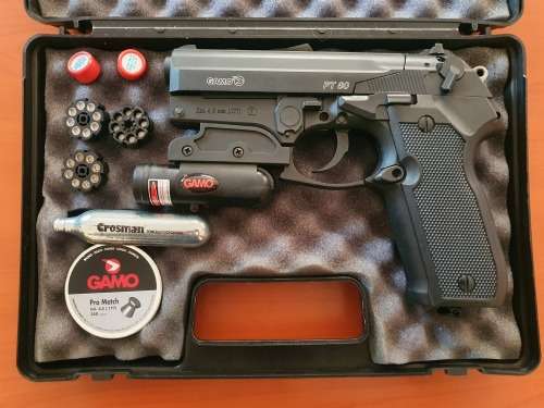 Gamo PT80 semi auto air pistol with laser sights and accessories