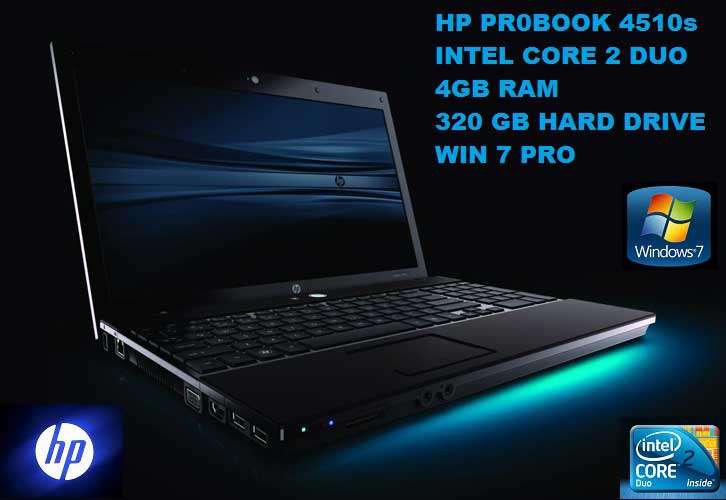 HP PRO BOOK 4510S CORE 2 DUO, 4GB RAM, 320GB HD,B'TOOTH, DVD-RW, WIFI, WEBCAM,HDMI, LIC WIN 7 PRO