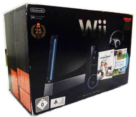 NINTENDO WII BLACK 25th ANIVERSARY MARIO KART Wii,PACK EDITION WITH 3 ORIGINAL GAMES & Wii WHEEL,ETC