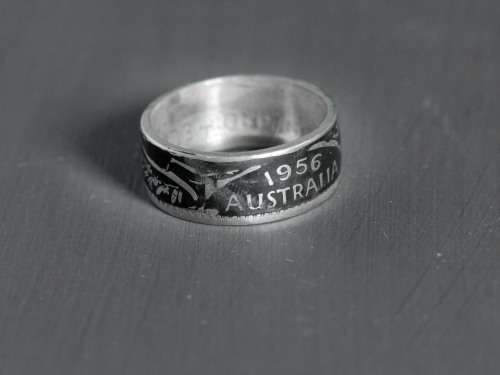 1956 Australian Florin Oxidized Coin Ring (.500 Silver)