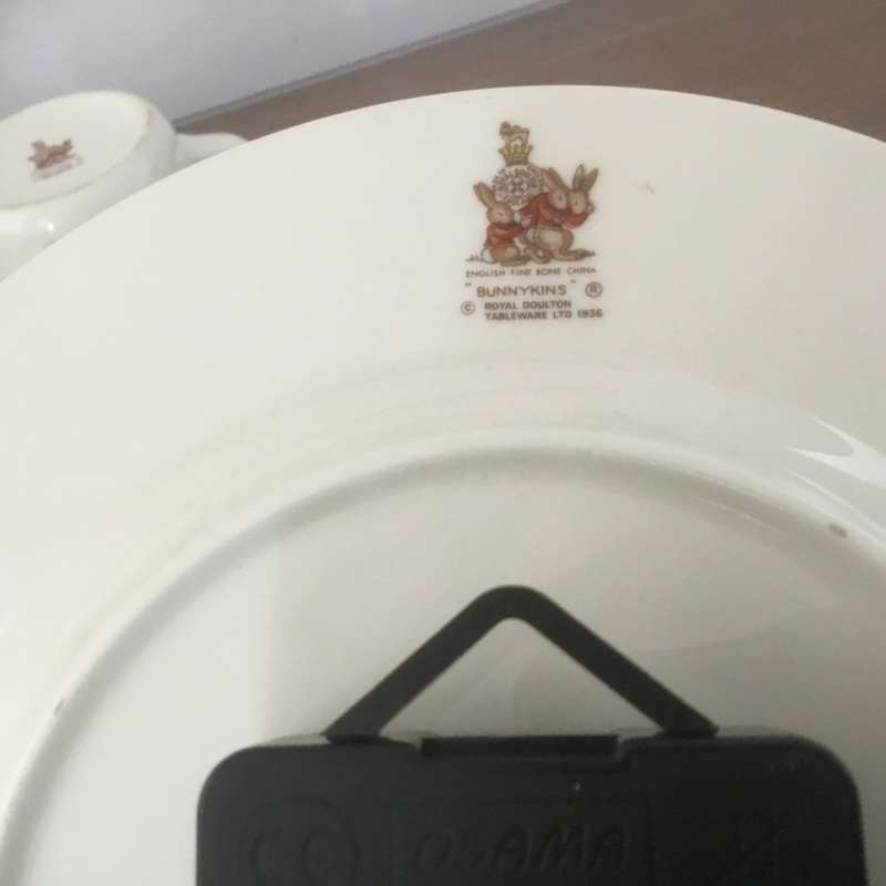 Royal Doulton bunnykins teaching clock & plate ,cup