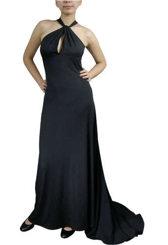 Black Gathered Collar Evening Jersey Knit Dress