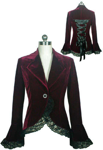 Burgundy Gothic Lace Trim Velvet Corset Jacket - Plus Sizes