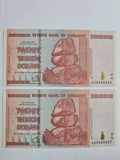 2 by Zimbabwe 20 Trillion Dollars UNC Consecutive numbers
