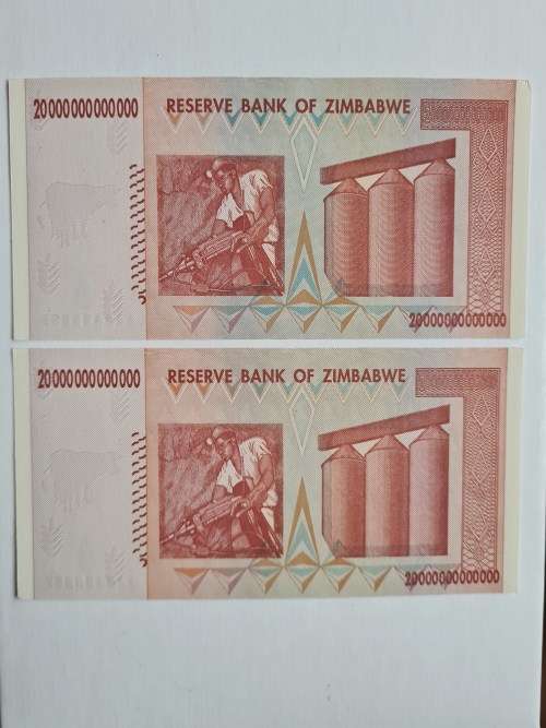 2 by Zimbabwe 20 Trillion Dollars UNC Consecutive numbers