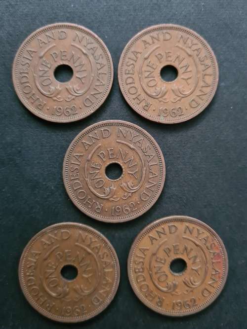 5 by Rhodesia Nyasaland 1 Pennies 1962 - as per photograph