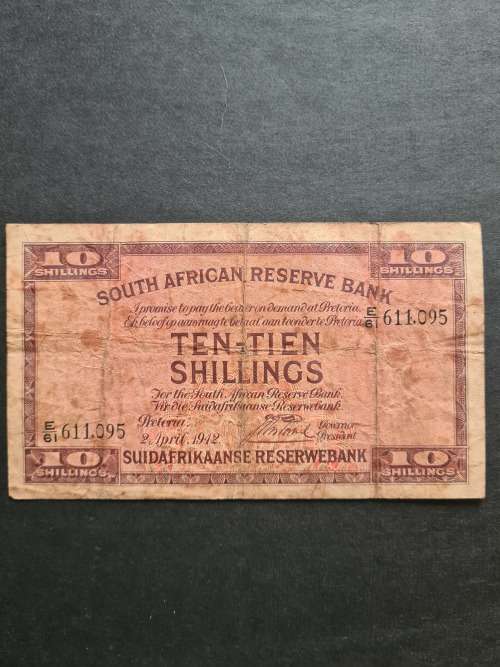 SA 10 Shillings E/A 2 April 1942 Filler Note ( folds/pin hole centre of note)  - as per photograph
