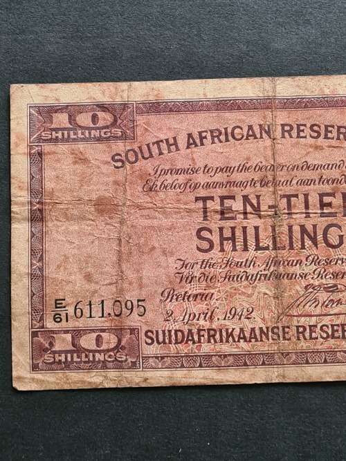 SA 10 Shillings E/A 2 April 1942 Filler Note ( folds/pin hole centre of note)  - as per photograph