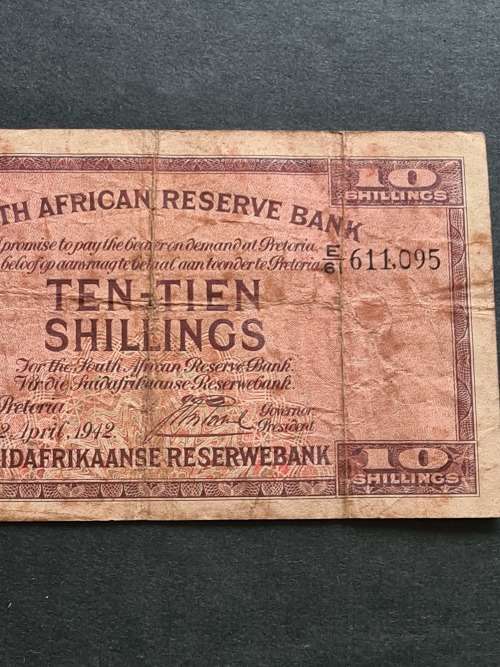 SA 10 Shillings E/A 2 April 1942 Filler Note ( folds/pin hole centre of note)  - as per photograph