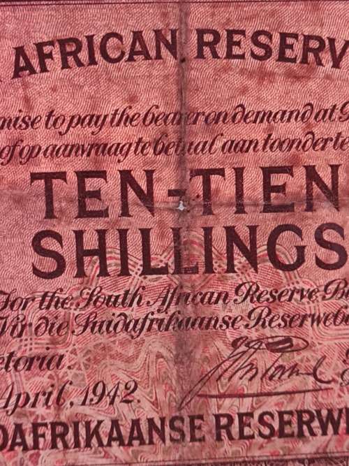 SA 10 Shillings E/A 2 April 1942 Filler Note ( folds/pin hole centre of note)  - as per photograph