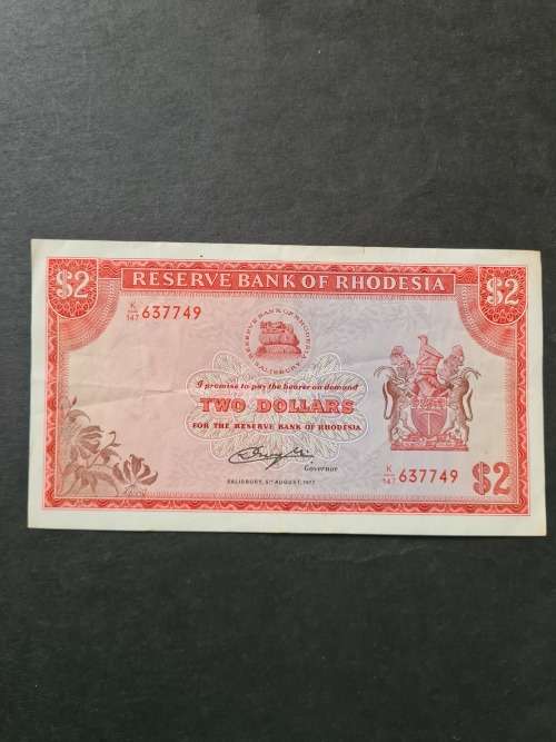 Rhodesia 2 Dollars Salisbury 5 August 1977 Rhodes Watermark VF+ - as per photograph