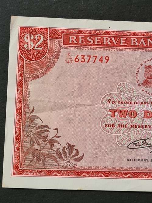 Rhodesia 2 Dollars Salisbury 5 August 1977 Rhodes Watermark VF+ - as per photograph