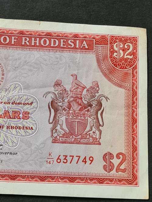 Rhodesia 2 Dollars Salisbury 5 August 1977 Rhodes Watermark VF+ - as per photograph