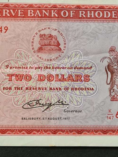 Rhodesia 2 Dollars Salisbury 5 August 1977 Rhodes Watermark VF+ - as per photograph