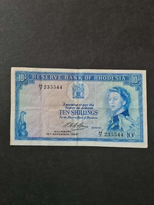 Reserve Bank of Rhodesia 10 Shillings Bank Note 16 November 1964 Rhodes Watermark (rare note)