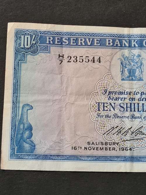 Reserve Bank of Rhodesia 10 Shillings Bank Note 16 November 1964 Rhodes Watermark (rare note)