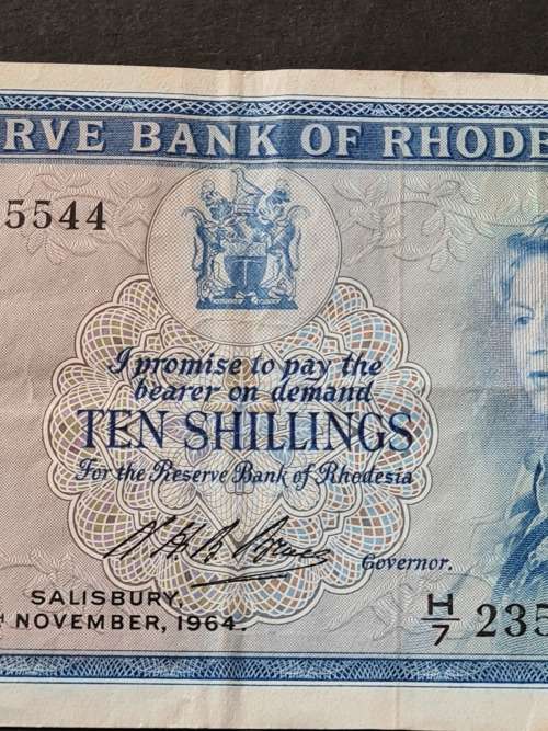 Reserve Bank of Rhodesia 10 Shillings Bank Note 16 November 1964 Rhodes Watermark (rare note)