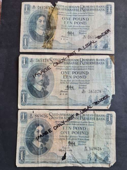 3 x MH de Kock One Pound Filler Notes (folds/tears/creases) - as per photograph
