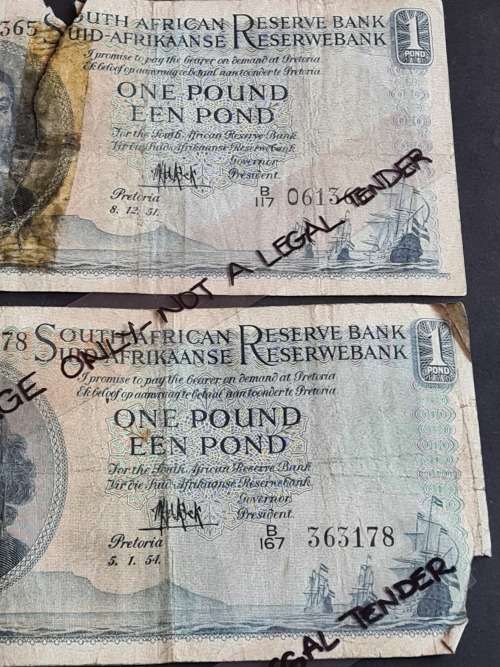 3 x MH de Kock One Pound Filler Notes (folds/tears/creases) - as per photograph