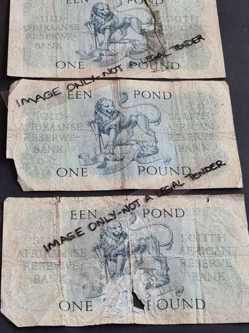 3 x MH de Kock One Pound Filler Notes (folds/tears/creases) - as per photograph