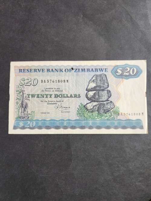 Zimbabwe 20 Dollars Bird Watermark Harare 1983 (hole in centre of note) - as per photograph