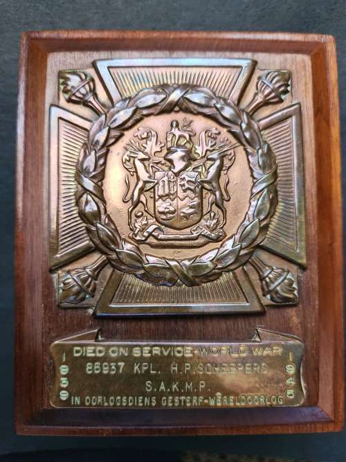 World War II Death Plaque died on Service - World War 86937 KPL H.P. Scheepers S.A.K.M.P. 1939-1945