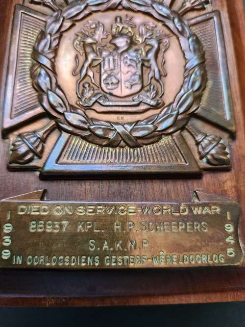 World War II Death Plaque died on Service - World War 86937 KPL H.P. Scheepers S.A.K.M.P. 1939-1945