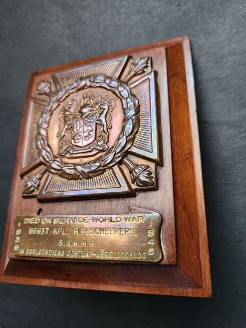 World War II Death Plaque died on Service - World War 86937 KPL H.P. Scheepers S.A.K.M.P. 1939-1945