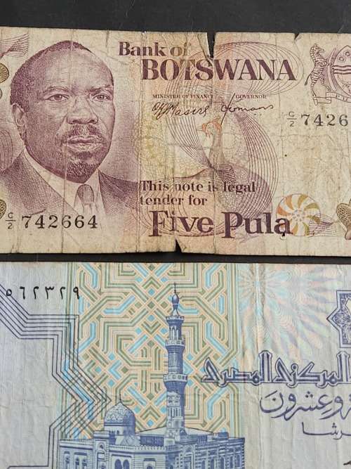 3 x Africa Notes Botswana 5 Pula, Swaziland 2 Elangeni and Egypt 25 Piastres- as per photograph