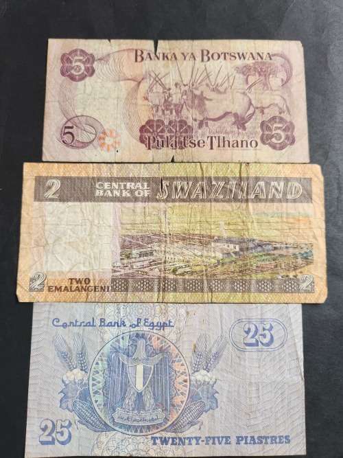 3 x Africa Notes Botswana 5 Pula, Swaziland 2 Elangeni and Egypt 25 Piastres- as per photograph