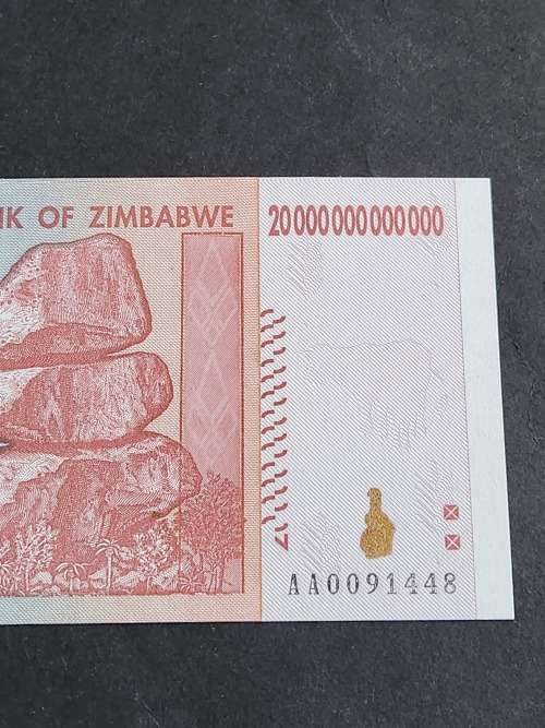 Reserve Bank of Zimbabwe 20 Trillion Dollars Harare 2008 BU - as per photograph