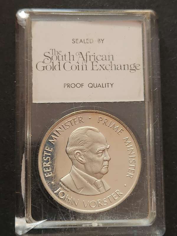John Vorster 30 Years of the National Party Silver One Ounce Medallion slabbed by SA Gold Coin Exc