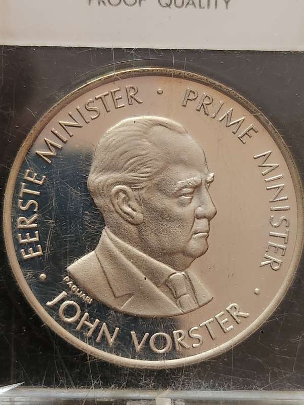 John Vorster 30 Years of the National Party Silver One Ounce Medallion slabbed by SA Gold Coin Exc