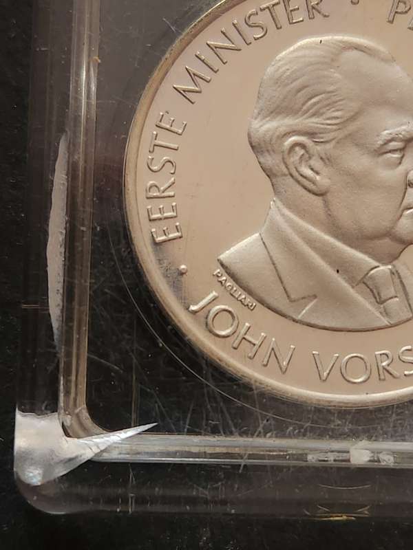 John Vorster 30 Years of the National Party Silver One Ounce Medallion slabbed by SA Gold Coin Exc