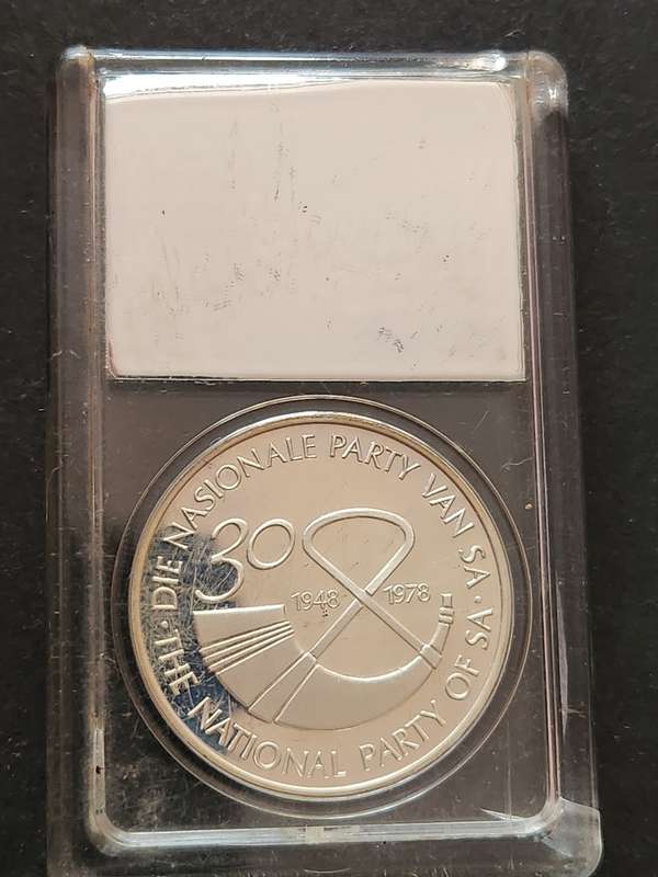 John Vorster 30 Years of the National Party Silver One Ounce Medallion slabbed by SA Gold Coin Exc