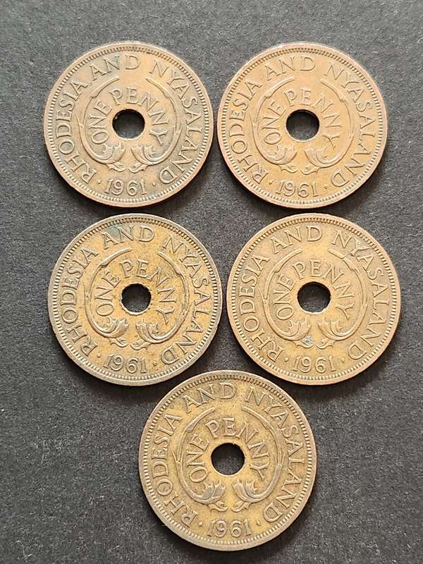 5 x Rhodesia and Nysaland 1961 - as per photograph