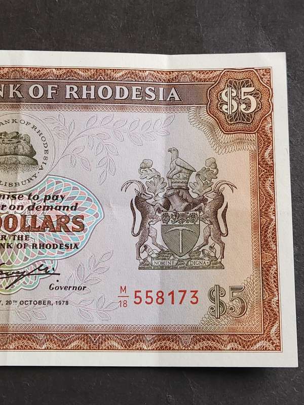 Reserve Bank of Rhodesia 5 Dollars Salisbury 20 October 1978 Rhodes Watermark (very nice condition)