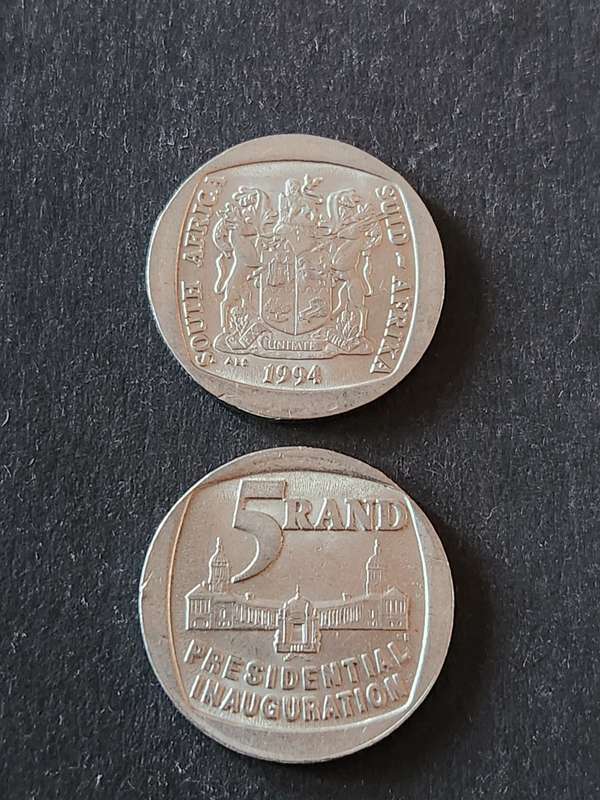 2 x Presidential Inauguration Five Rand Coins 1994 - as per photograph