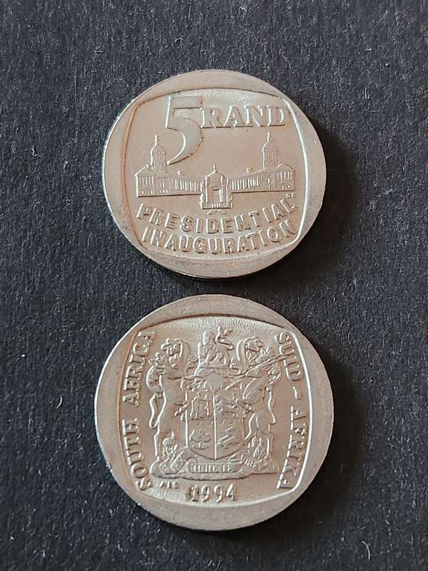 2 x Presidential Inauguration Five Rand Coins 1994 - as per photograph