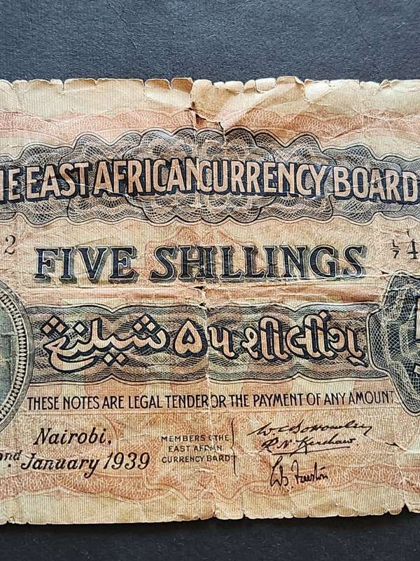 The East African Currency Board 5 Shillings Nairobi 2 January 1939 - as per photograph