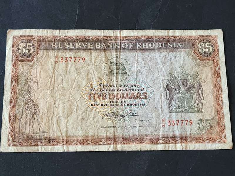 Reserve Bank of Rhodesia 5 Dollars Salisbury 20 October 1978 Rhodes Watermark - as per photograph
