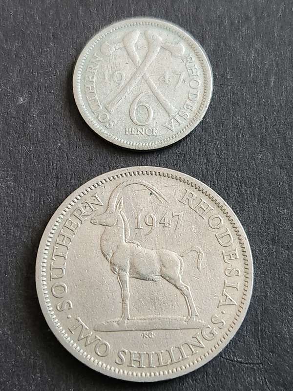 Southern Rhodesia Sixpence and 2 Shillings 1947 - as per photograph