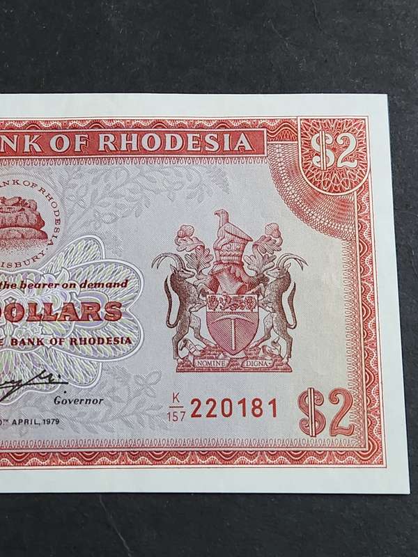 Reserve Bank of Rhodesia Two Dollars Salisbury 10th April 1979 Bird Watermark UNC -as per photograph